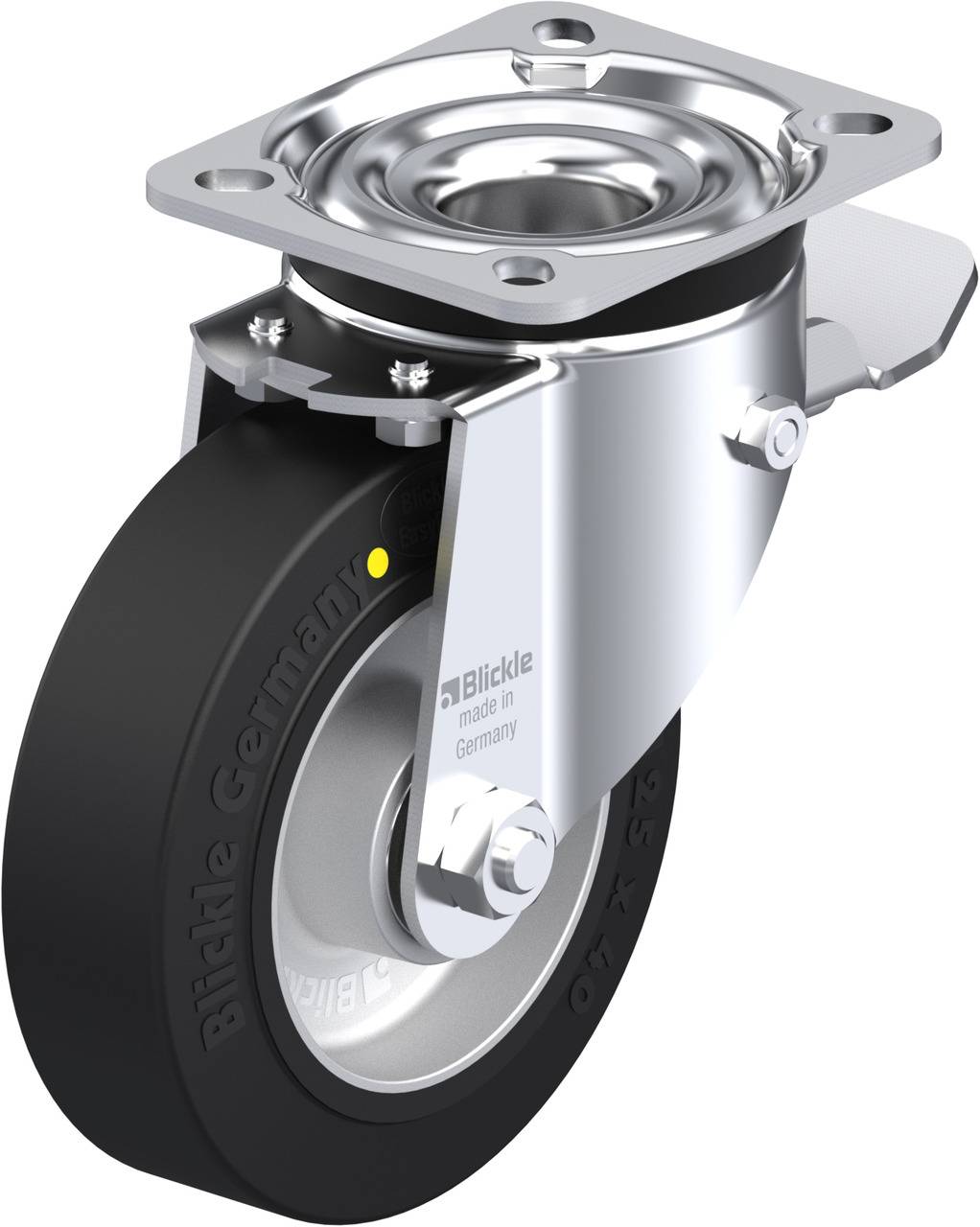 Schwenkrolle mit grauem Rad, Metallgestell und Montageplatte. Aufschrift 'Blickle made in Germany'. Gedämpftes Design für sanften Lauf.