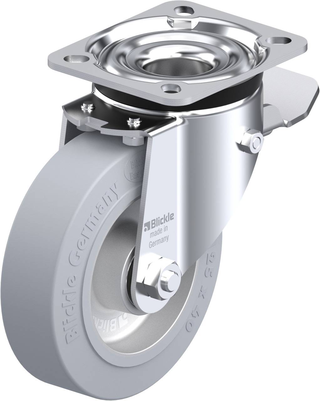 Graues, drehbares Laufrollenrad aus Metall und Kunststoff mit Metallhalterung und Kugellager, geeignet für Möbel oder Transportwagen.