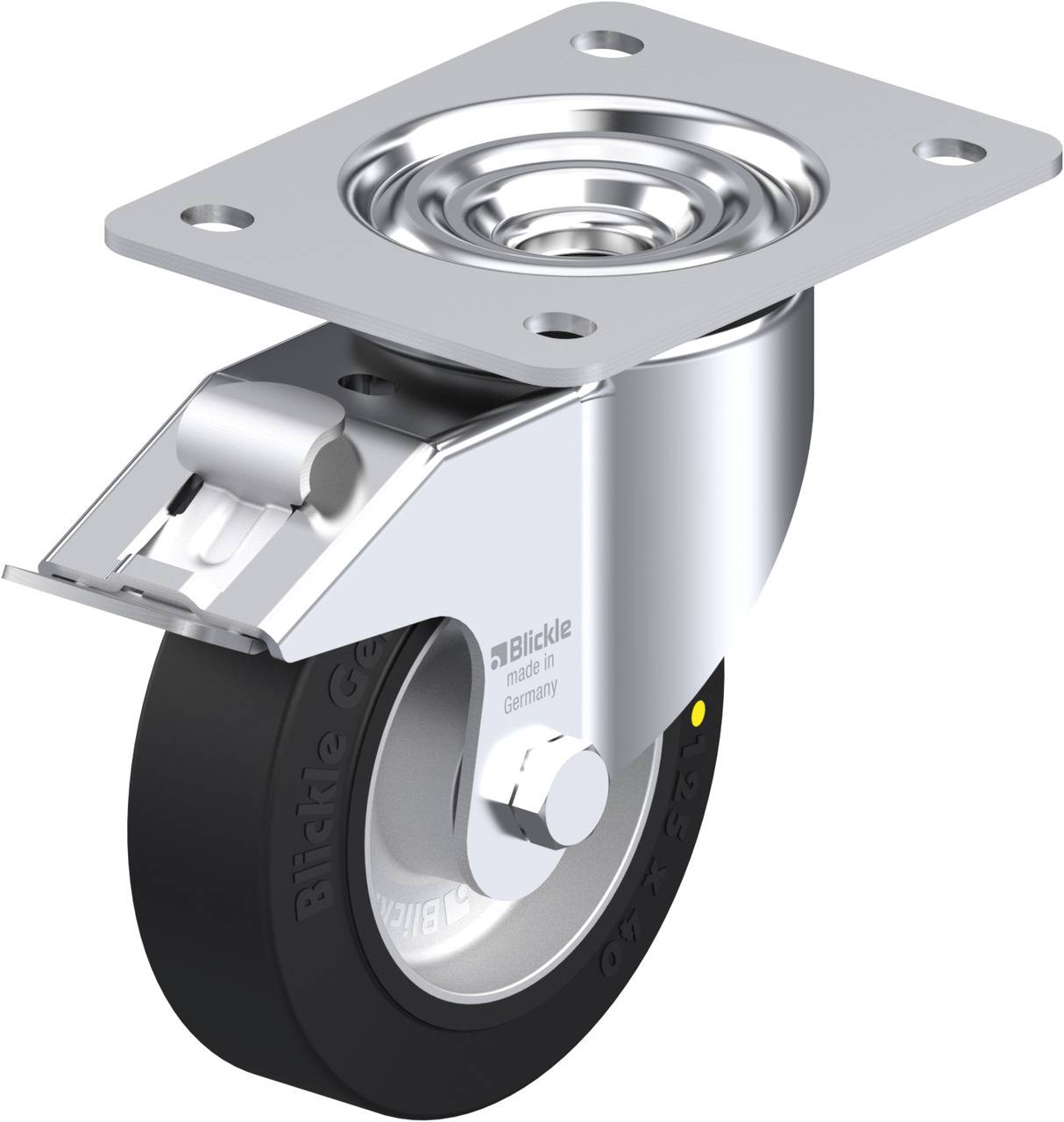 Metallisches Rollenrad mit rechteckiger Halterung, geeignet für Möbel oder Transportwagen, mit schwarzem Gummirad und silbernem Gehäuse.