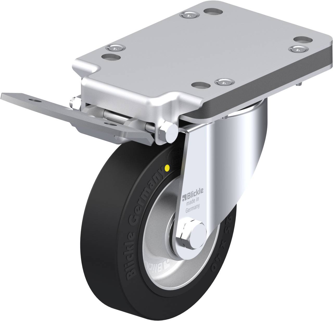 Industrie-Rolle aus Metall und Gummi mit rechteckiger Montageplatte, horizontalem Befestigungshebel und gelbem Logo.