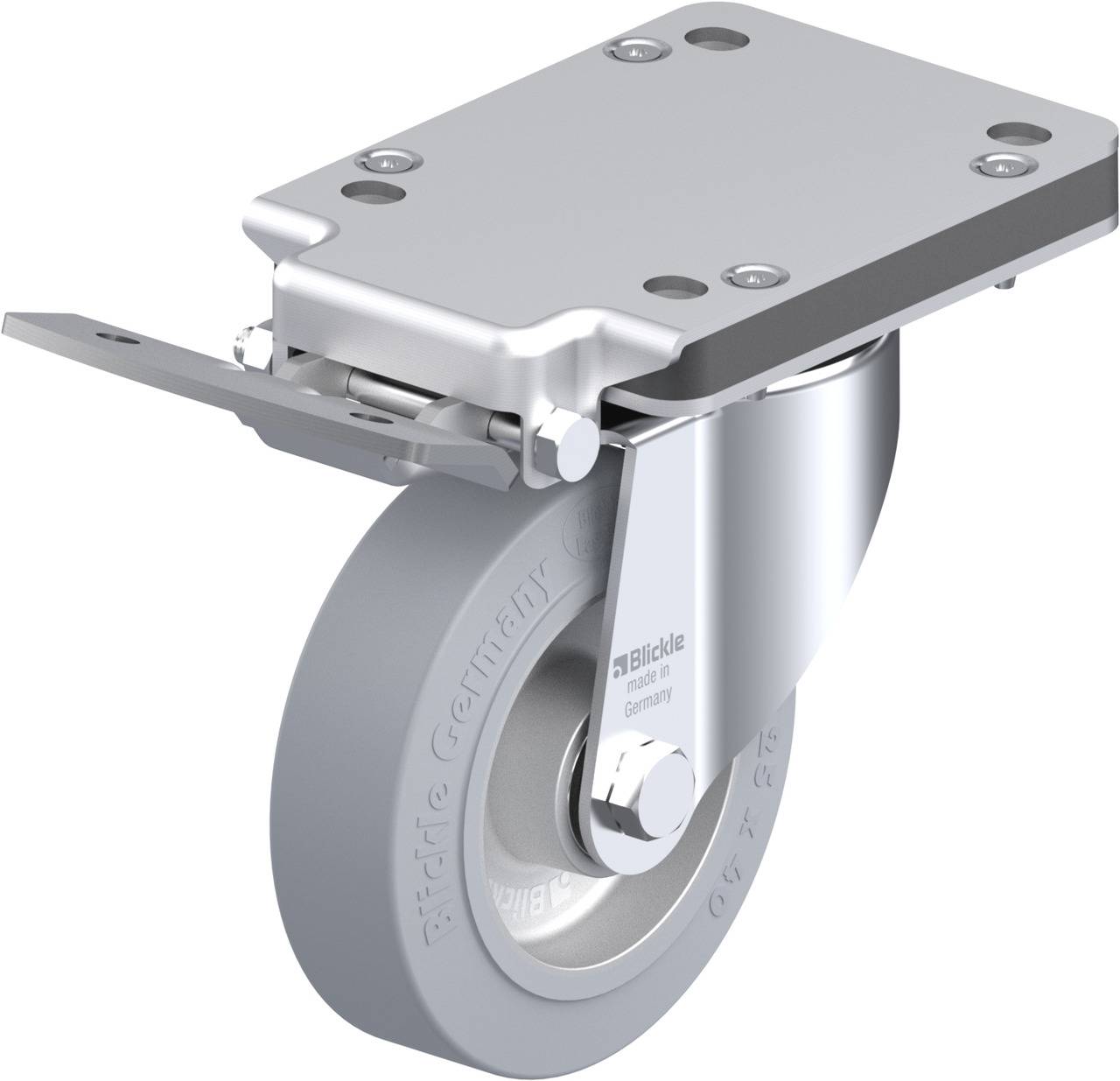 Industrie-Lenkrolle mit grauem Gummi-Laufbelag und Metallplatte, geeignet für schwere Lasten, auf einem weißen Hintergrund.