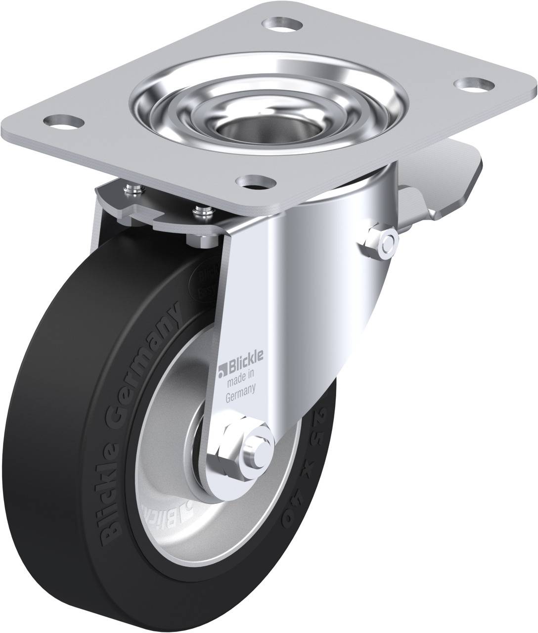 Schwenkrolle mit schwarzem Gummirad, Metallgehäuse und Platte zur Befestigung, geeignet für Möbel oder Geräte.