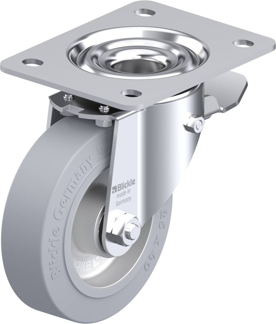 Silberne, drehbare Transportrolle mit Befestigungsplatte und Gummireifen. Geriffelte Oberfläche für besseren Halt.