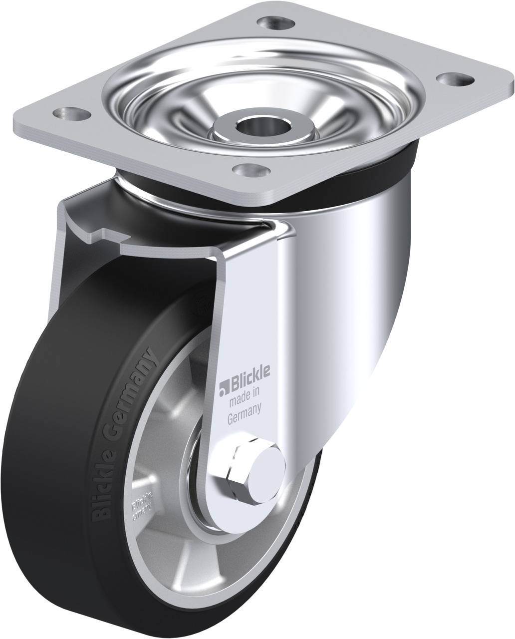 Ein verchromtes Rollengehäuse mit einer schwarzen Gummiradrolle und Befestigungsplatte. Aufschrift auf der Rolle: 'Blickle, made in Germany'.