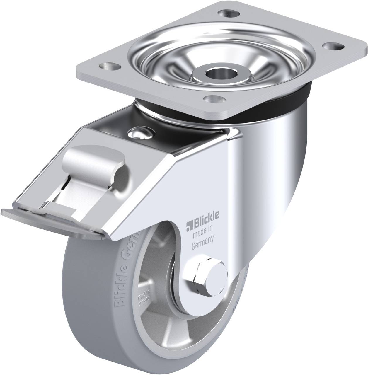 Ein glänzendes, schwenkbares Rad aus Metall und Gummi, mit einer rechteckigen Befestigungsplatte, hergestellt in Deutschland.
