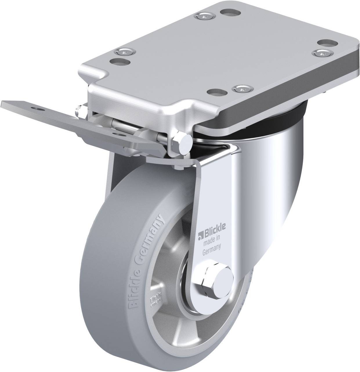 Schwenkrolle aus Edelstahl mit grauem Rad, Plattenbefestigung und seitlicher Arretierungsschiene, geeignet für den industriellen Einsatz.