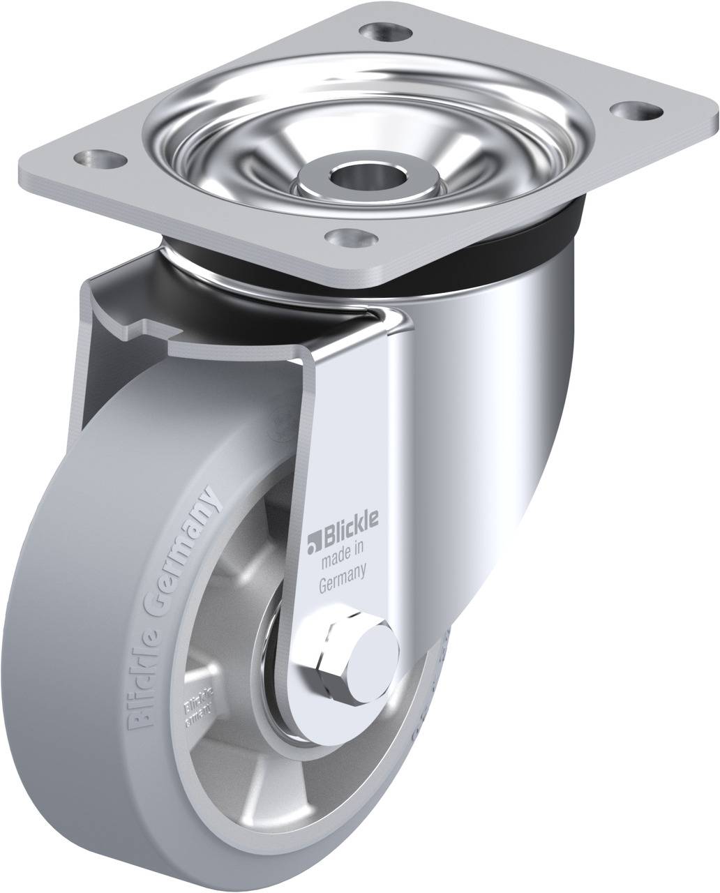 Drehbares Rollenrad aus Metall und Gummi mit Befestigungsplatte, geeignet für Möbel oder Geräte in industriellem oder häuslichem Gebrauch.