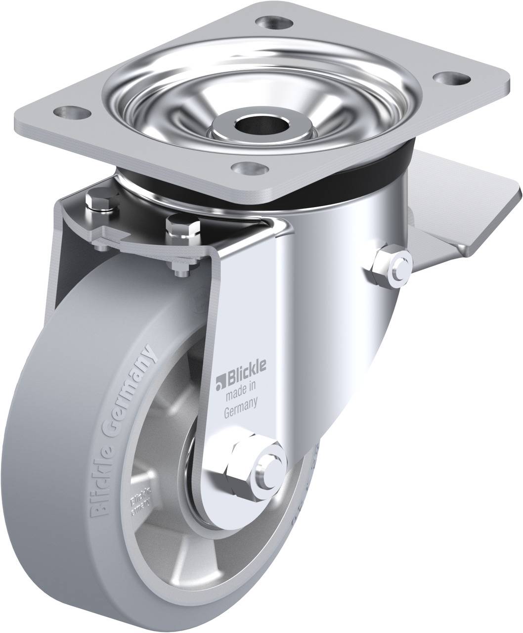 Eine schwenkbare, silberne Rolle mit grauem Rad und Befestigungsplatte, hergestellt von einer deutschen Firma.