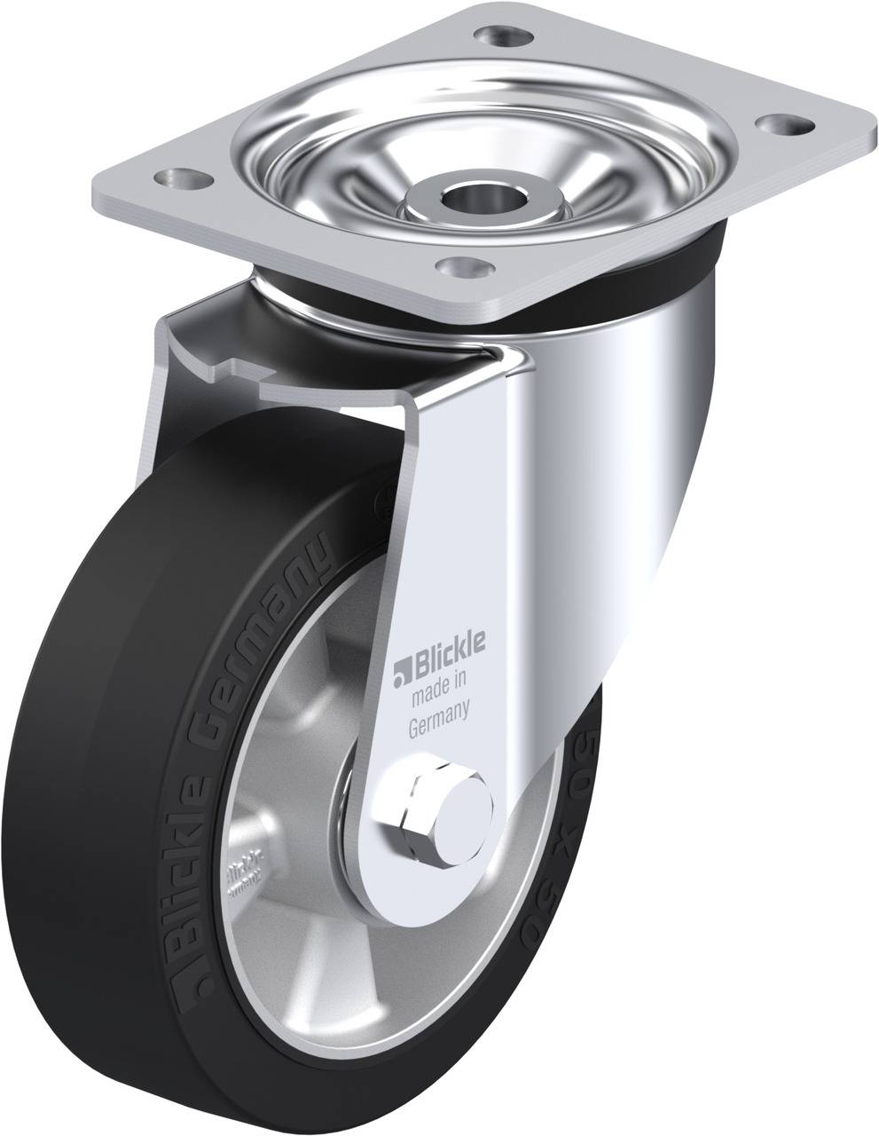 Schwenkrolle mit Halterung und schwarzem Rad, glänzendes Metall, Aufschrift 'made in Germany' sichtbar.
