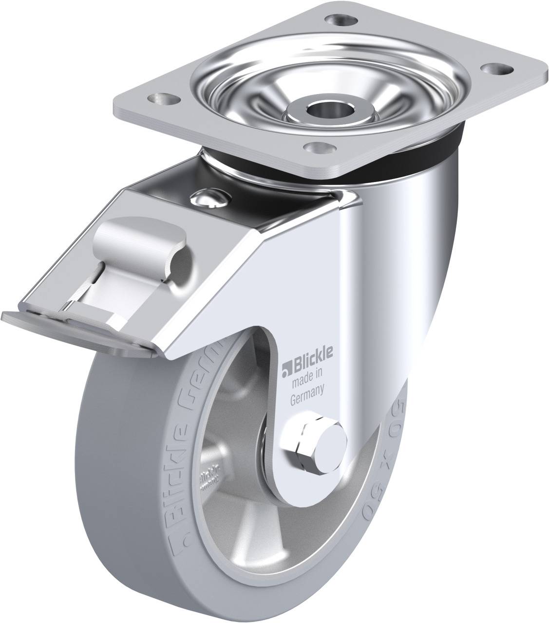 Drehbares Lenkrolle mit zylindrischem Gehäuse und metallener Halterung. Ausgelegt für robuste Anwendungen, industrielle Nutzung.