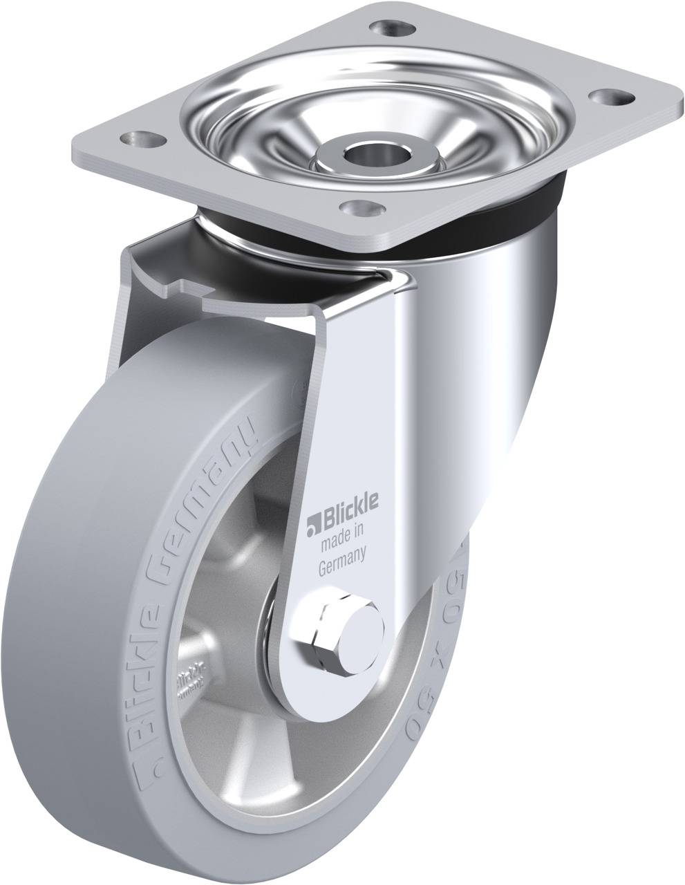 Metallisches Lenkrollenrad mit grauer Gummilauffläche und silbernem Gehäuse, Markenaufdruck 'Blickle made in Germany'.