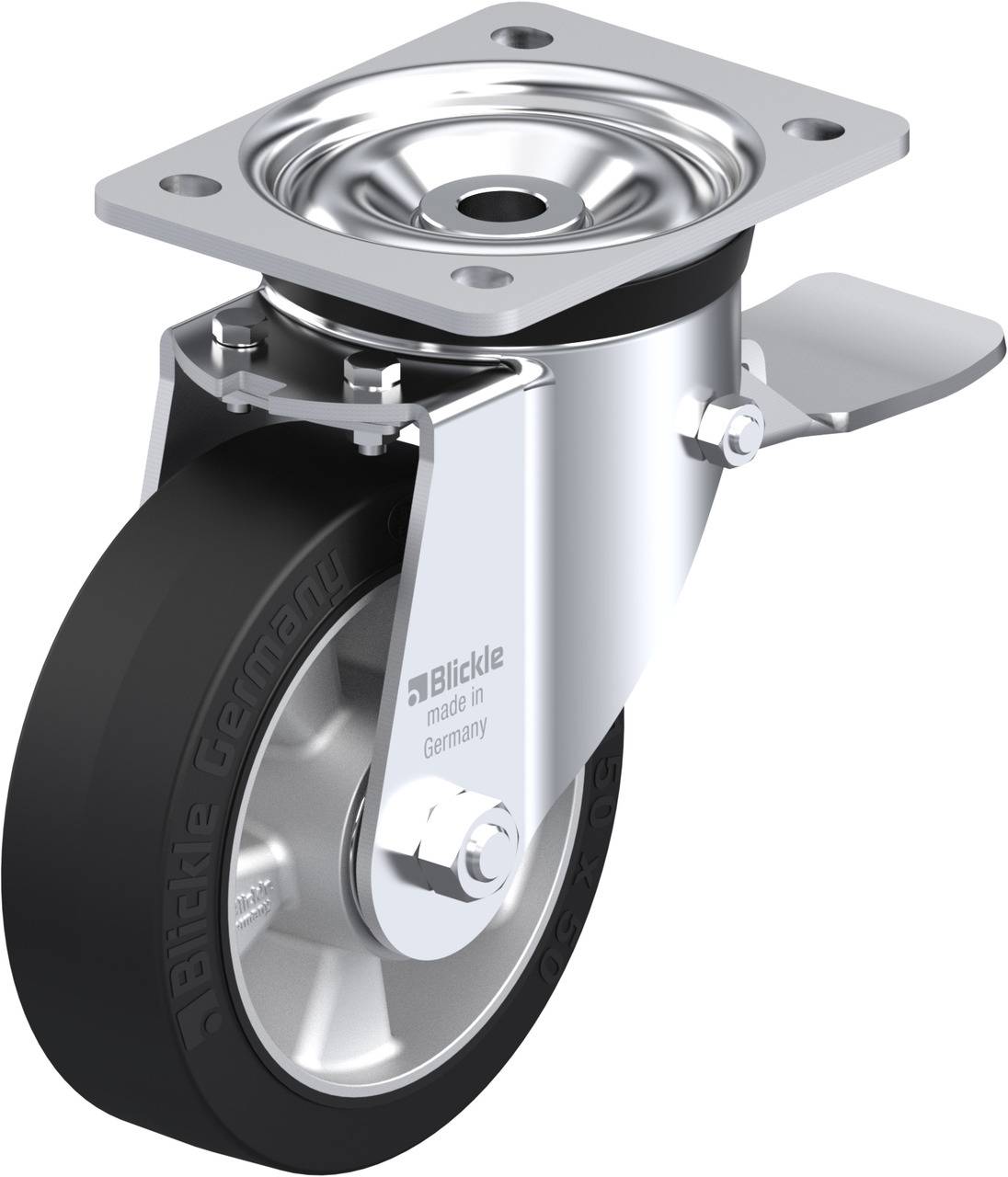 Industrie-Rolle mit schwarzem Rad, Metallgehäuse und Aufschrift 'Blickle made in Germany'.