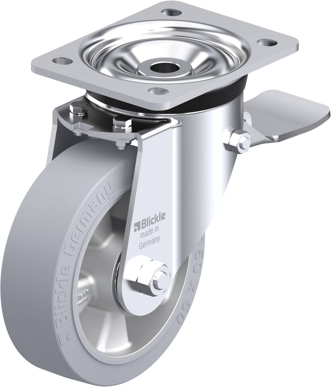 Drehbares Edelstahl-Rollenrad mit grauem Gummi und Bremse, geeignet für Möbel oder Industrieanwendungen.