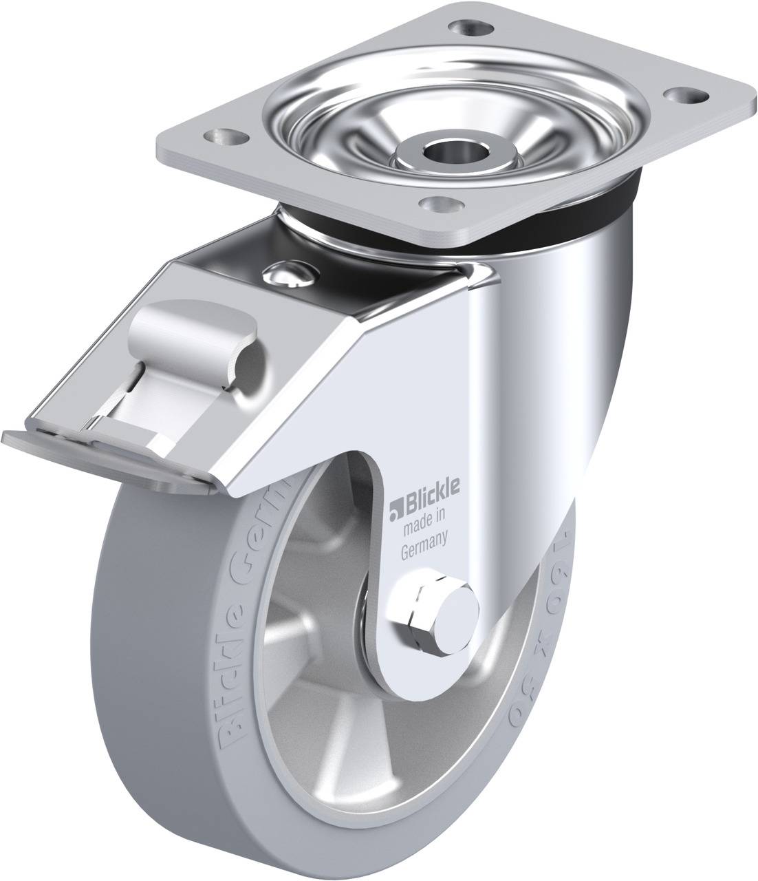 'Blickle'-Lenkrolle aus Metall mit grauem Rad und Montageplatte, geeignet für Möbel oder Transportgeräte, 'Made in Germany' eingeprägt.