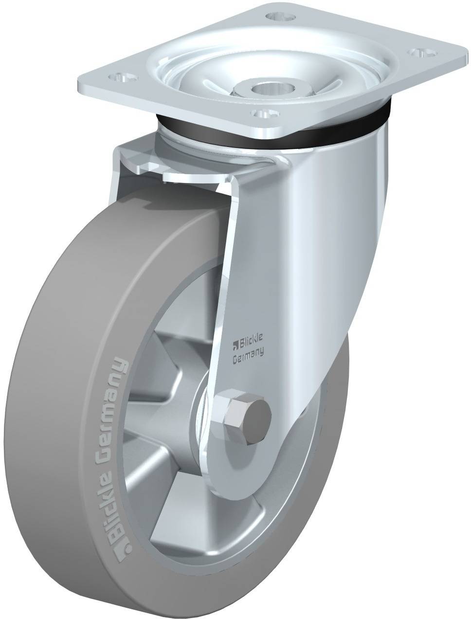 Metallisches Schwenk- und Rollenrad mit grauer Gummibereifung, geeignet für industrielle Anwendungen. Markiert mit 'Blickle Germany'.
