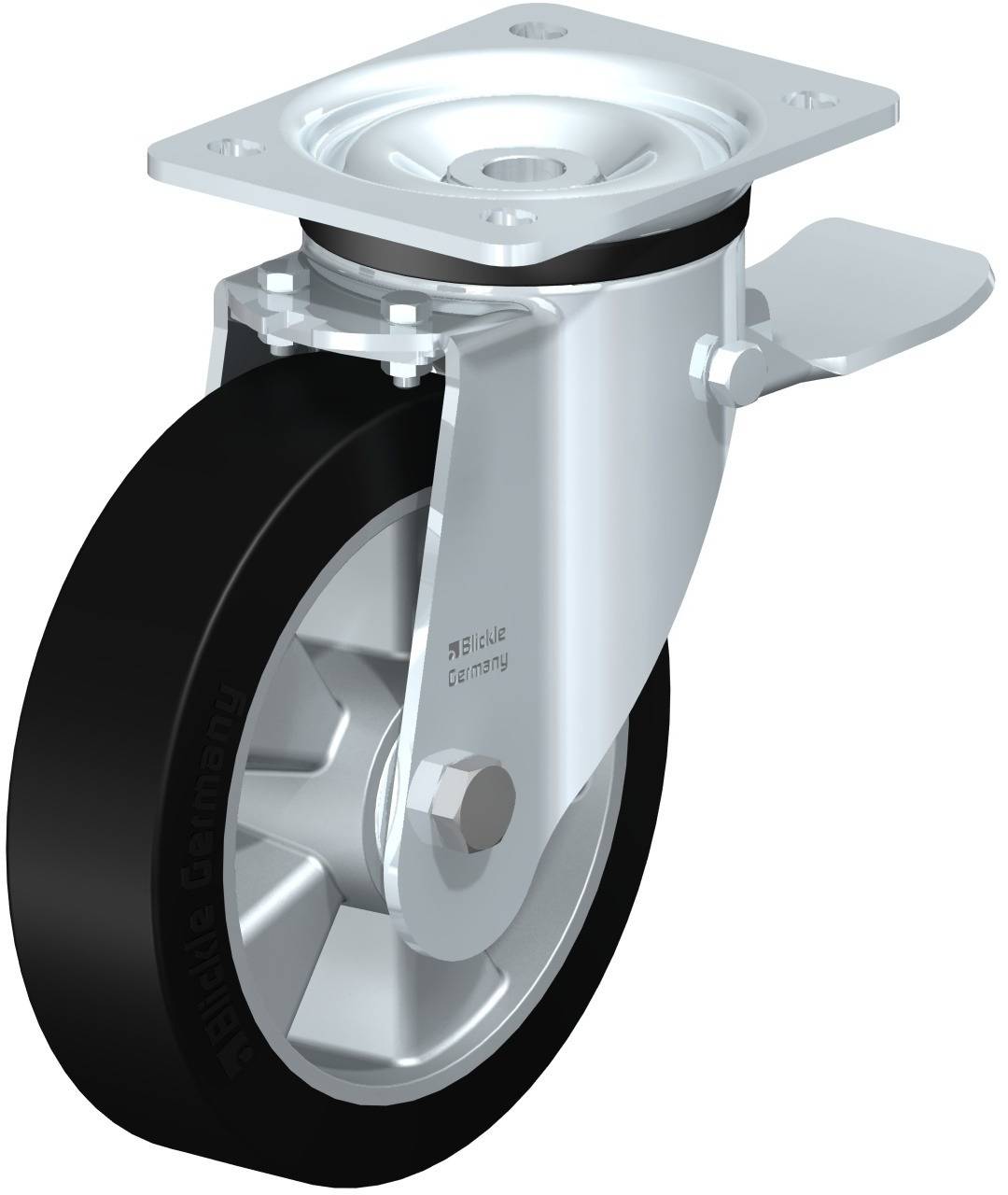 Lenkrolle aus Metall mit schwarzem Rad und feststellbarer Bremse, geeignet für industrielle Anwendungen.