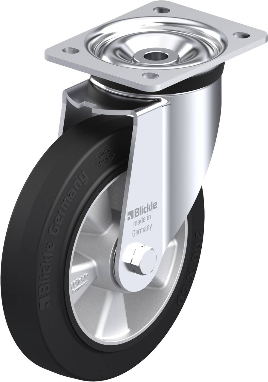 Schwenkrolle mit schwarzem Rad und silbernem Gehäuse, Aufschrift 'Blickle made in Germany'.