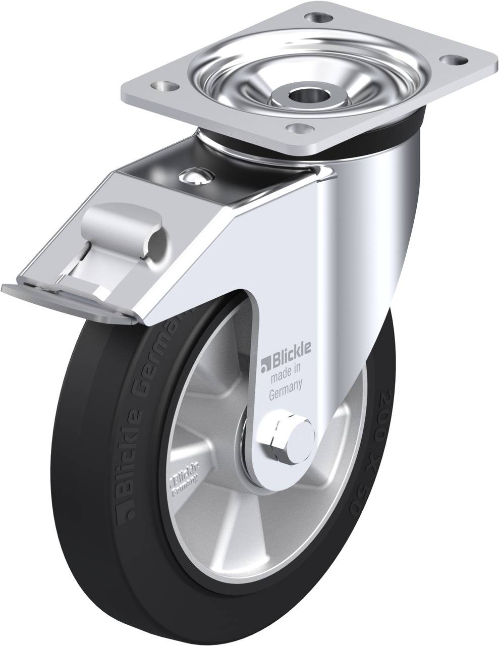 Ein silbernes Lenkrollenrad aus Metall mit schwarzem Gummirad, geeignet für Möbel oder Geräte, 'made in Germany' eingraviert.