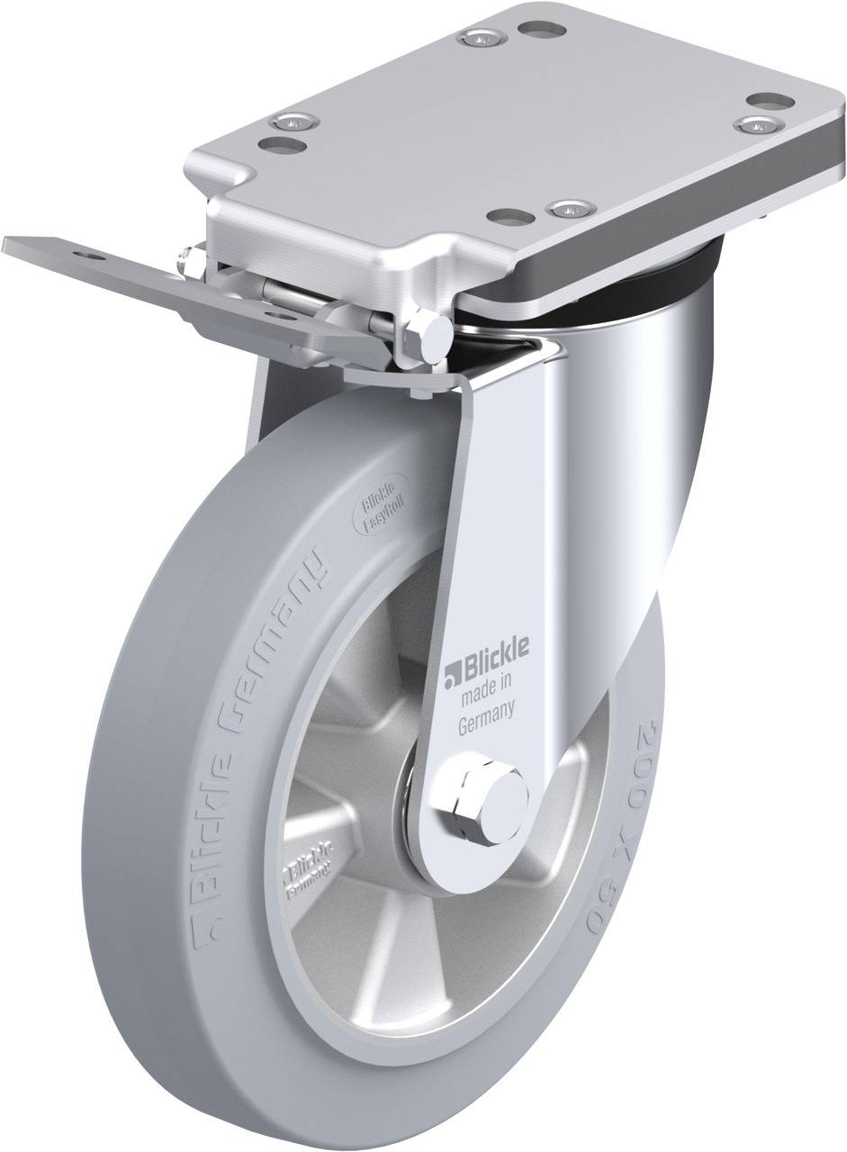 Ein drehbares Laufrollenrad mit grauem Gummi und silbernem Aufbau, geeignet für Industrieanwendungen, hergestellt in Deutschland.
