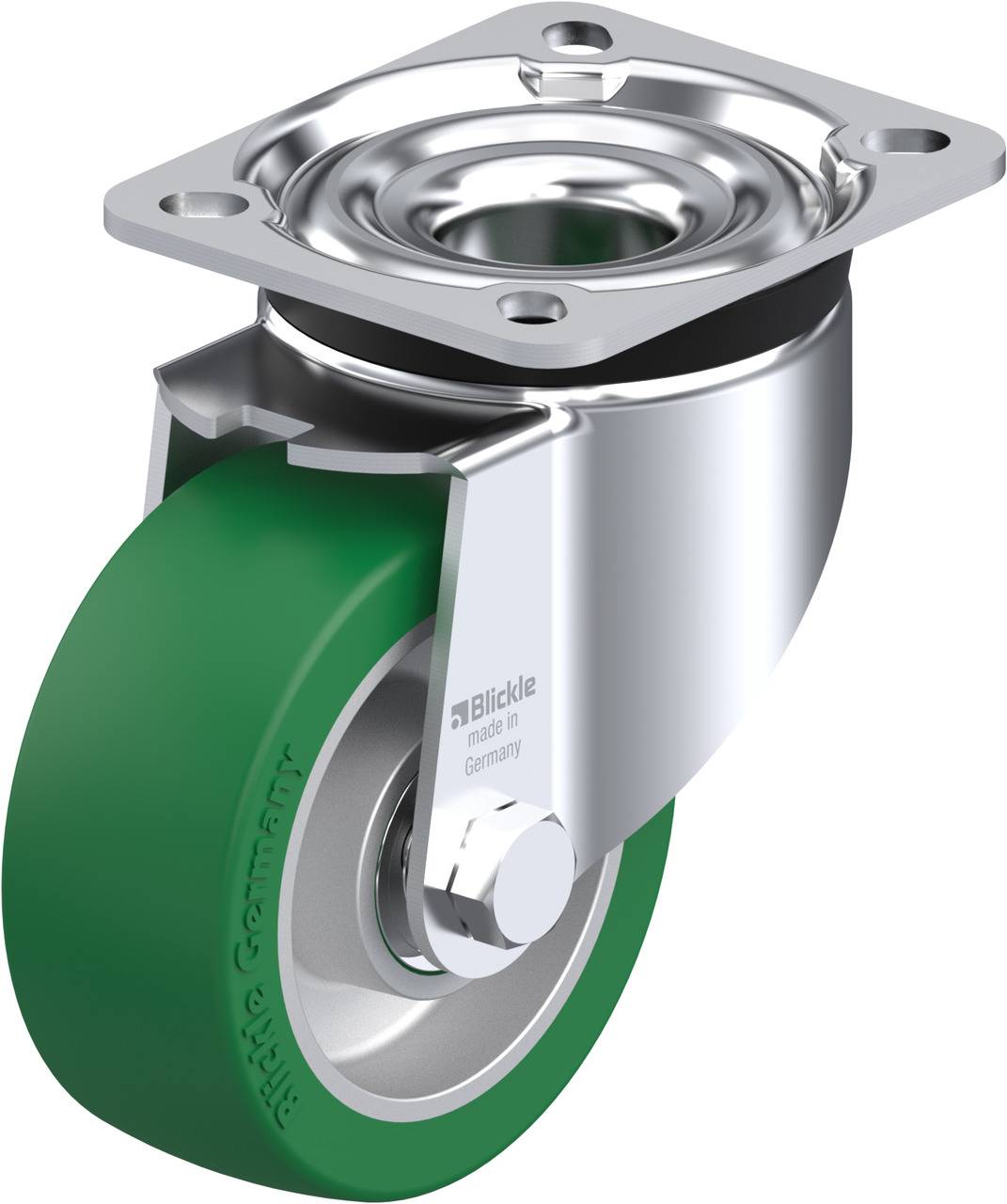 Metall-Rollenrad mit grünem Gummirad und Befestigungsplatte, geeignet für Möbel oder Industrieanwendungen.