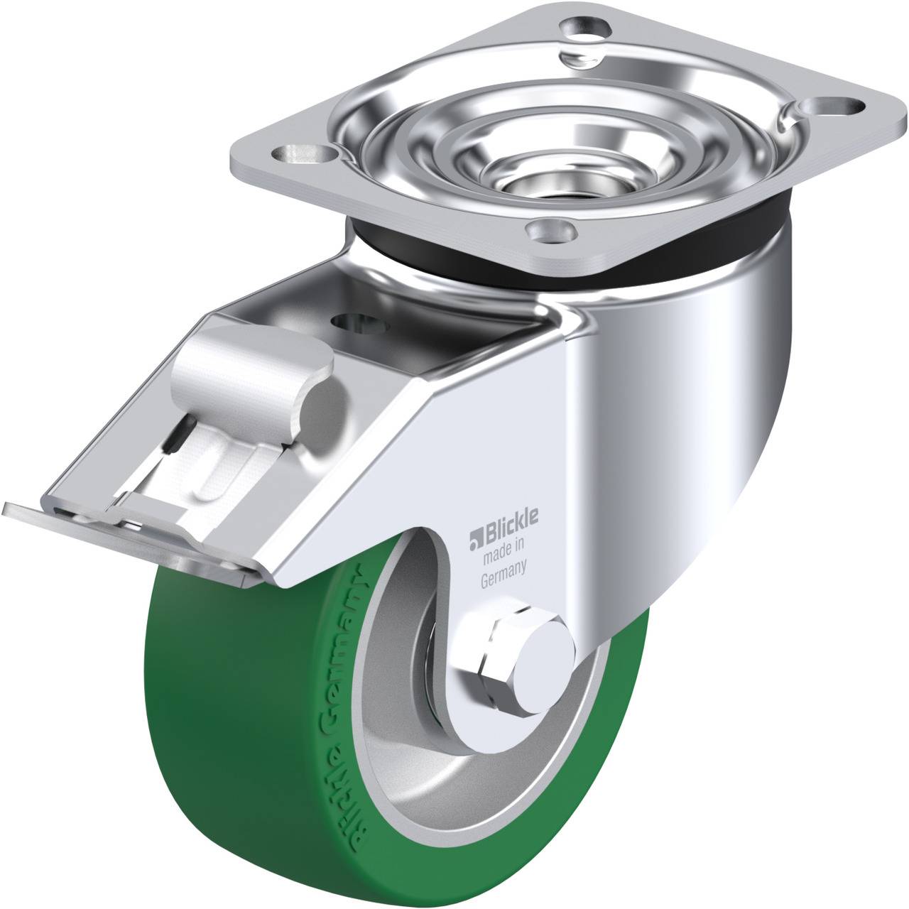 Rolle aus Metall mit grünem Rad und Drehgelenk. Geeignet für schwere Lasten. Herstellerlogo und 'made in Germany' sichtbar.