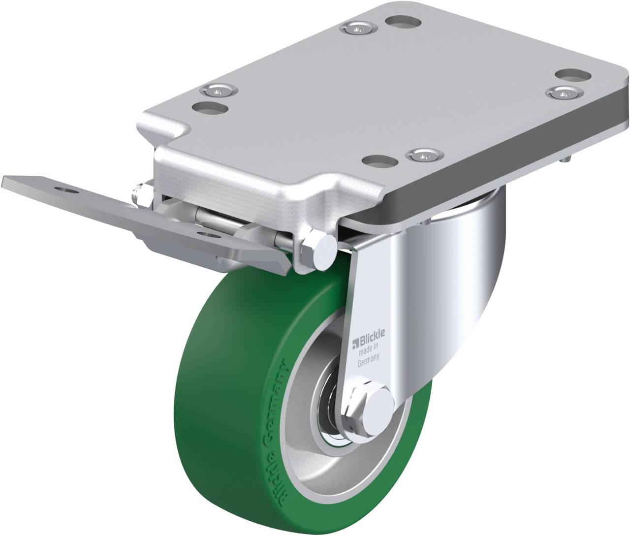 Industrie-Rollenrad aus Metall mit grüner Kunststoffbeschichtung und Halterung zur Befestigung an Geräten oder Möbeln.