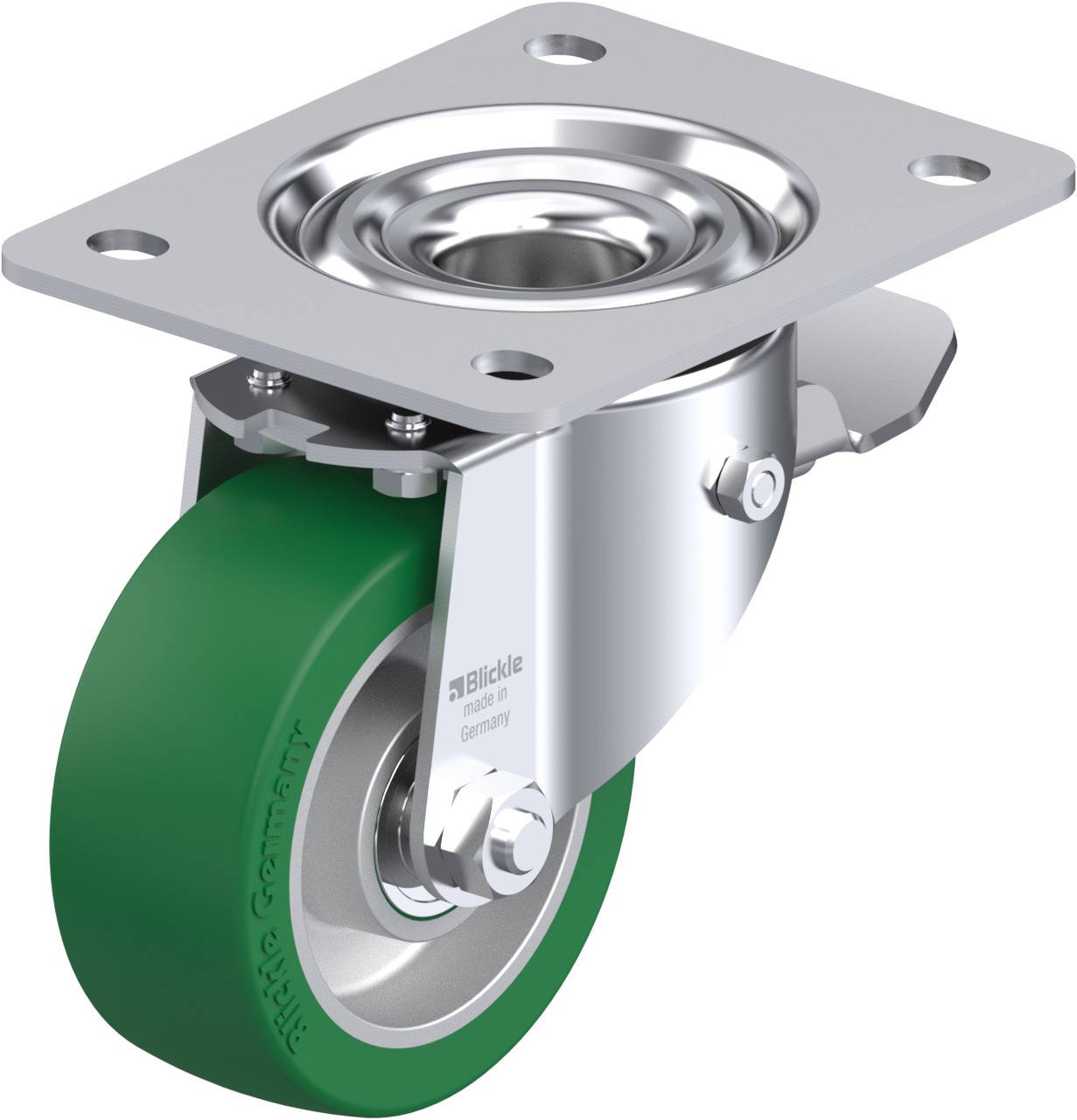 Industrie-Rolle mit grünem Rad auf Metallhalterung; nützlich für bewegliche Möbel oder Geräte. Hoch belastbar, schwenkbar.