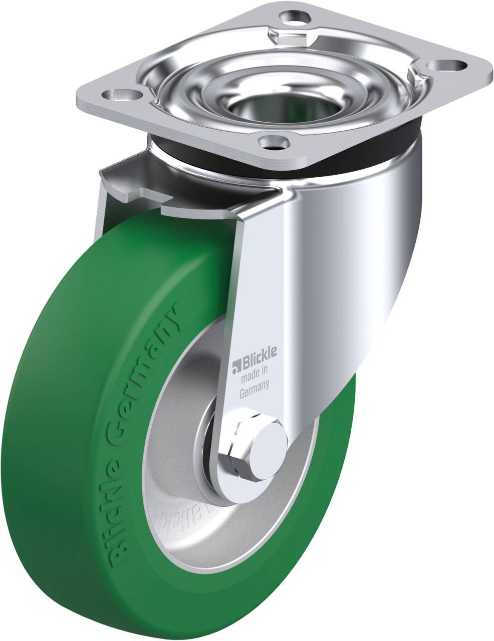 Grünes Schwenk-Rollenrad mit Metallhalterung. Markierung: Blickle, Made in Germany.