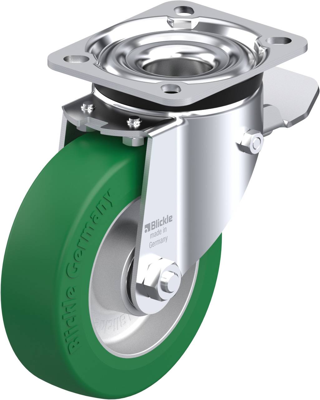 Blickle Rolle in Grün und Metall, Schwenkrolle mit Schraubenplatte.