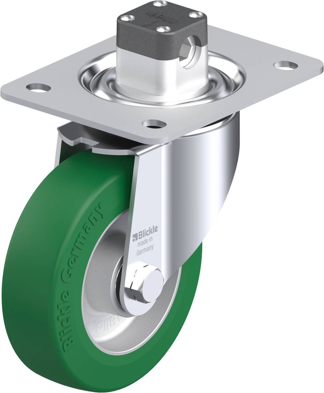 Schwenkrolle mit grünem Rad und silbernem Gehäuse, geeignet für Transportanwendungen.