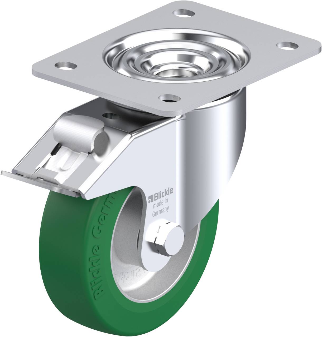 Metallrolle mit grüner Gummibereifung und Metallplatte zur Befestigung. Geeignet für den Einsatz an Möbeln oder Transportgeräten.