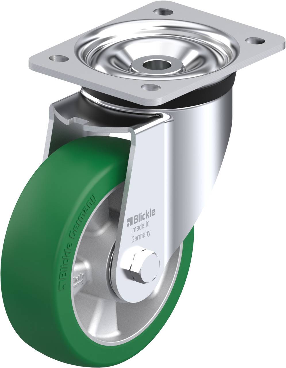 Rollenrad mit grünem Gummi und silbernem Metallgehäuse, ausgestattet mit einer Montageplatte oben.