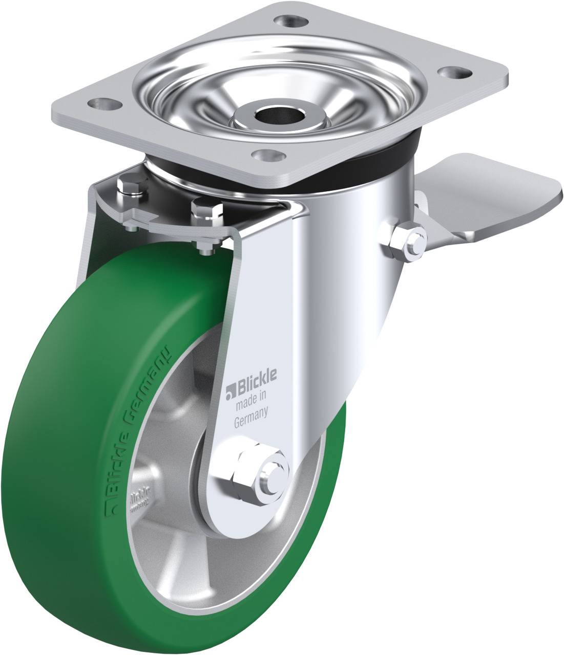 Eine grüne Lenkrolle aus Metall mit Bremsmechanismus, auf der 'Blickle made in Germany' steht. Sie ist geeignet für Transportgeräte.