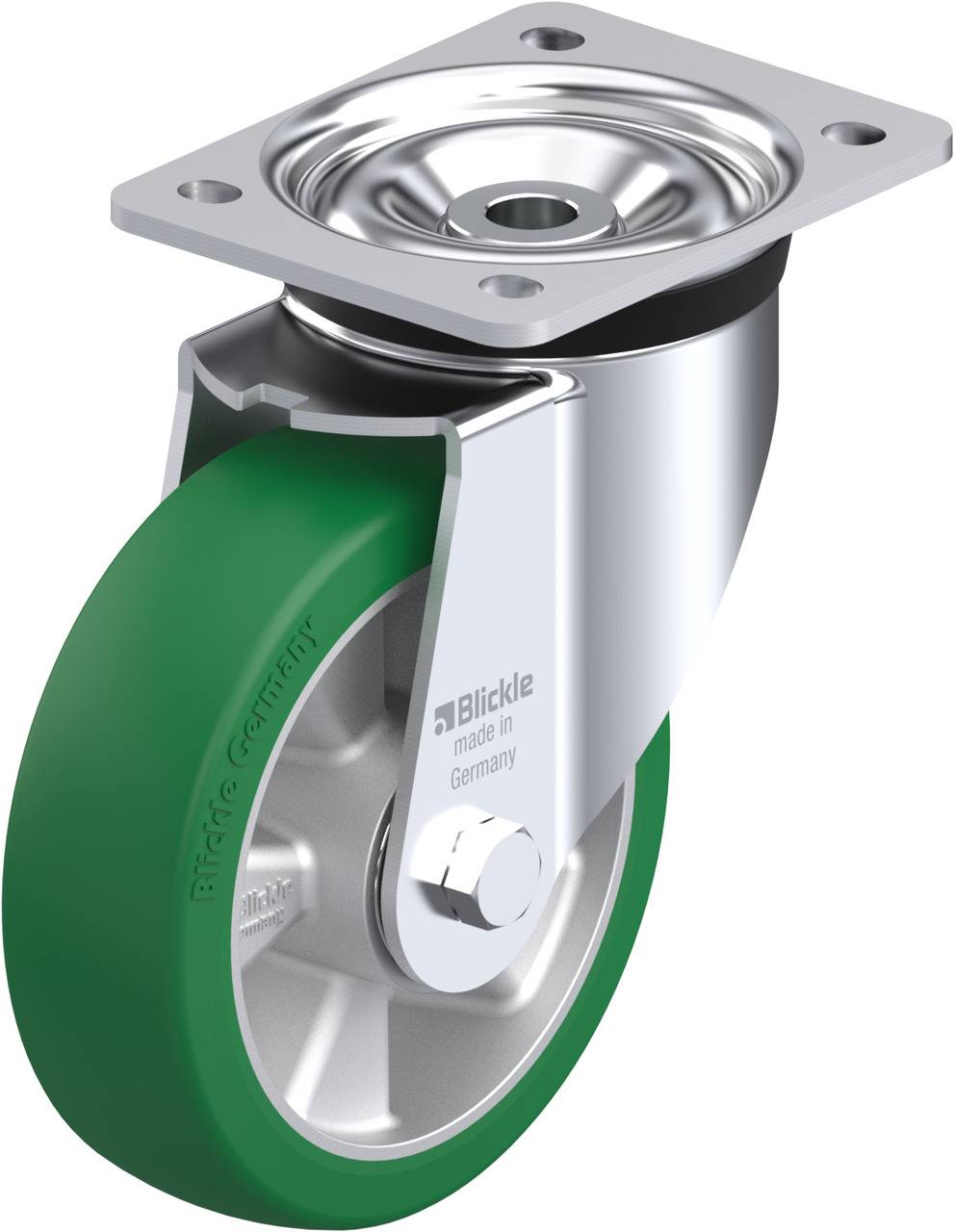 Grüne Lenkrolle mit silbernem Gehäuse und Befestigungsplatte, hergestellt von Blickle in Deutschland.