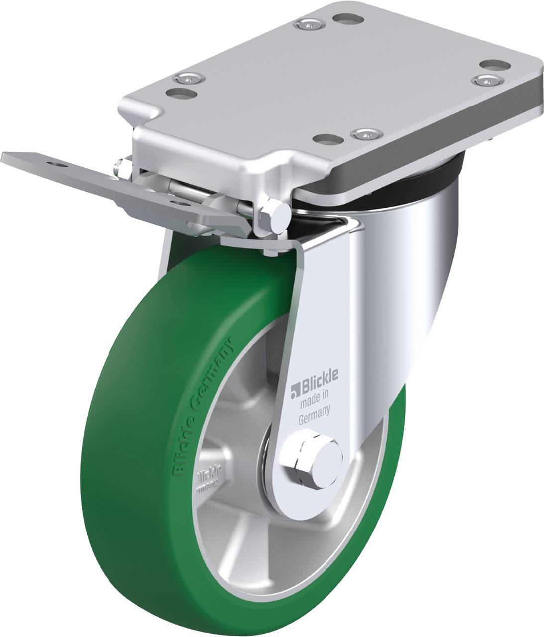 Schwenkrolle mit grünem Rad und Metallgehäuse. Aufschrift: 'Blickle made in Germany'. Einsatz in Transportgeräten oder Möbeln.