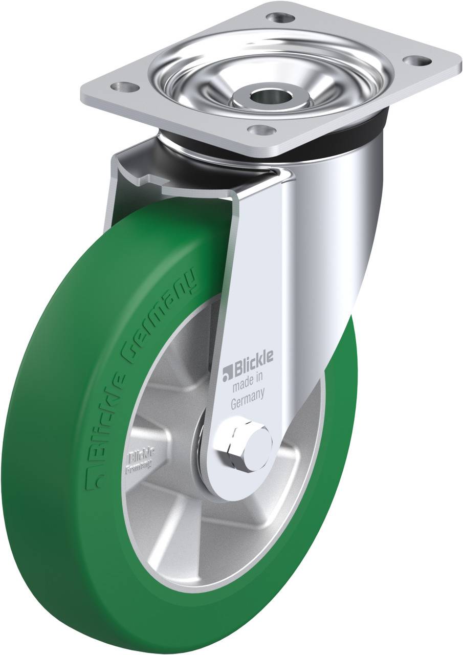 Industrielle Lenkrolle mit grünem Gummirad und silbernem Metallgehäuse, geeignet für schwere Lasten. Markierung: 'Blickle made in Germany'.