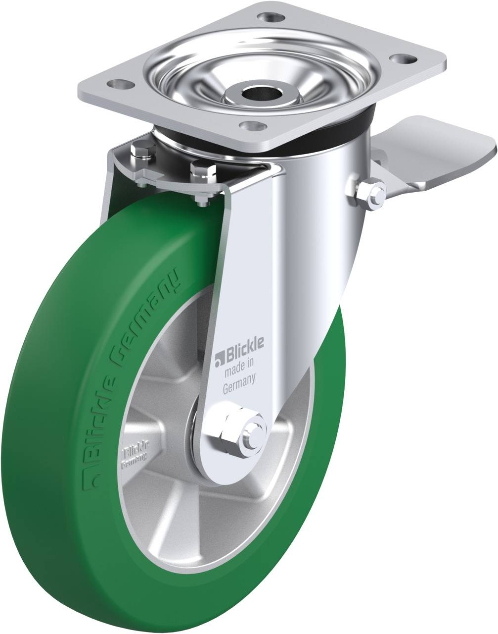 Schwenkrolle mit grünem Rad, metallischem Gehäuse und Befestigungsplatte, hergestellt in Deutschland.