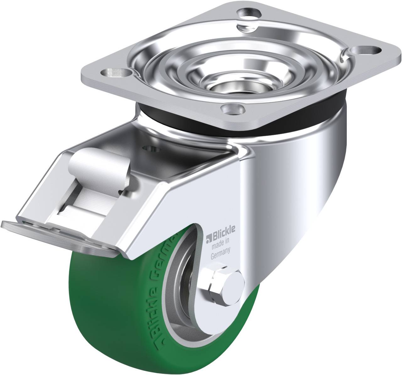 Lenkrolle mit grüner Radfläche und silbernem Gehäuse aus Metall, geeignet für Möbel oder Transportwagen. Markenlogo ist sichtbar.