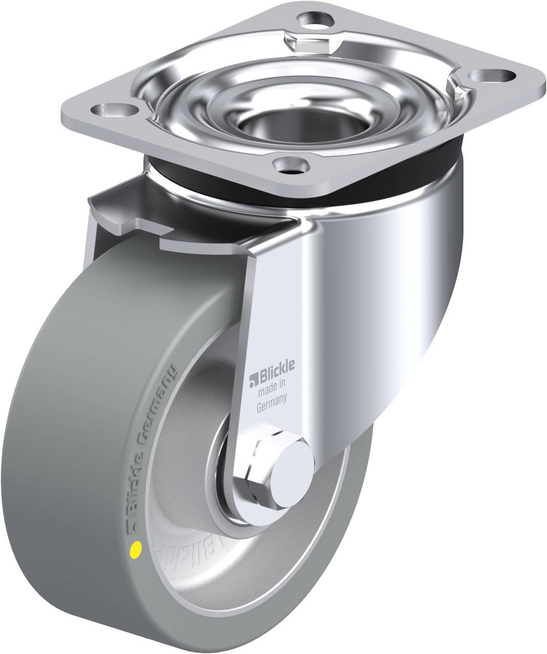 Lenkrolle aus Metall mit grauem Gummi-Rad, geeignet für Möbel oder Transportgeräte.