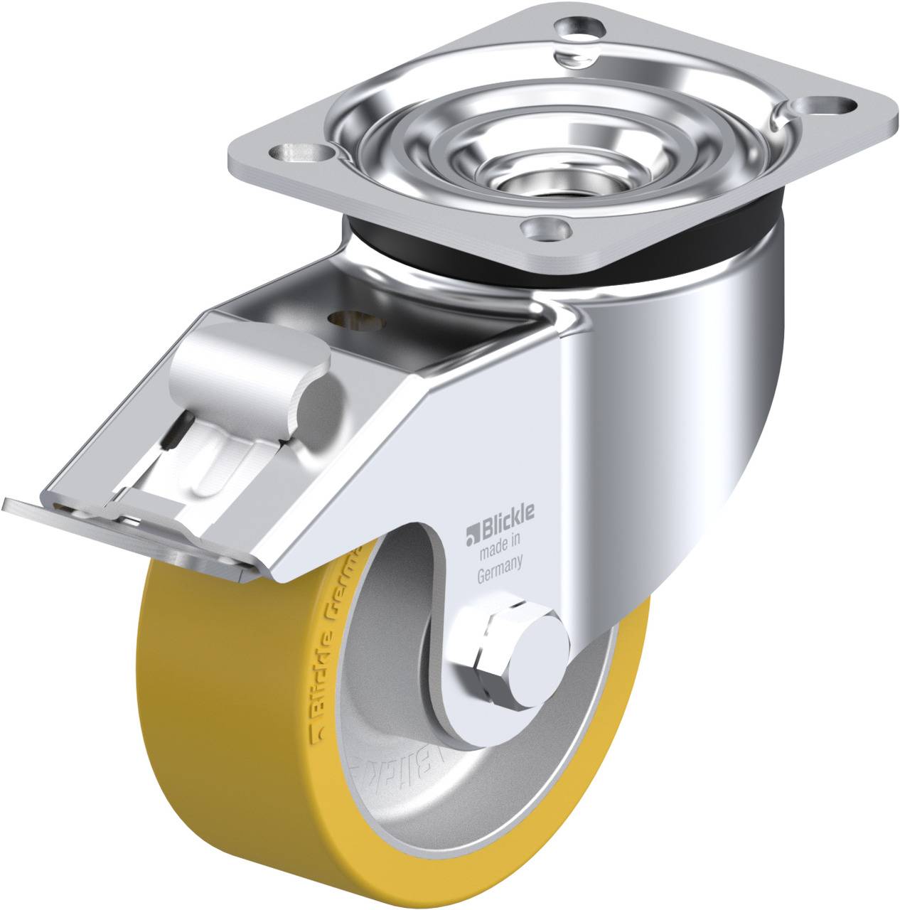 Ein feststellbares Rollenrad mit gelber Lauffläche und silbernem Metallgehäuse. Ideal für Möbelfüße, um Mobilität und Stabilität zu gewährleisten.