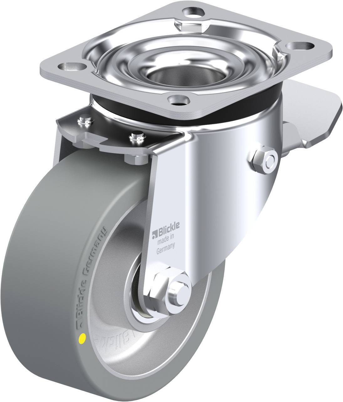 Industrielle Rolle mit grauem Rad und silbernem Gehäuse, geeignet für schwere Lasten, mit Drehgelenk für flexible Bewegung.