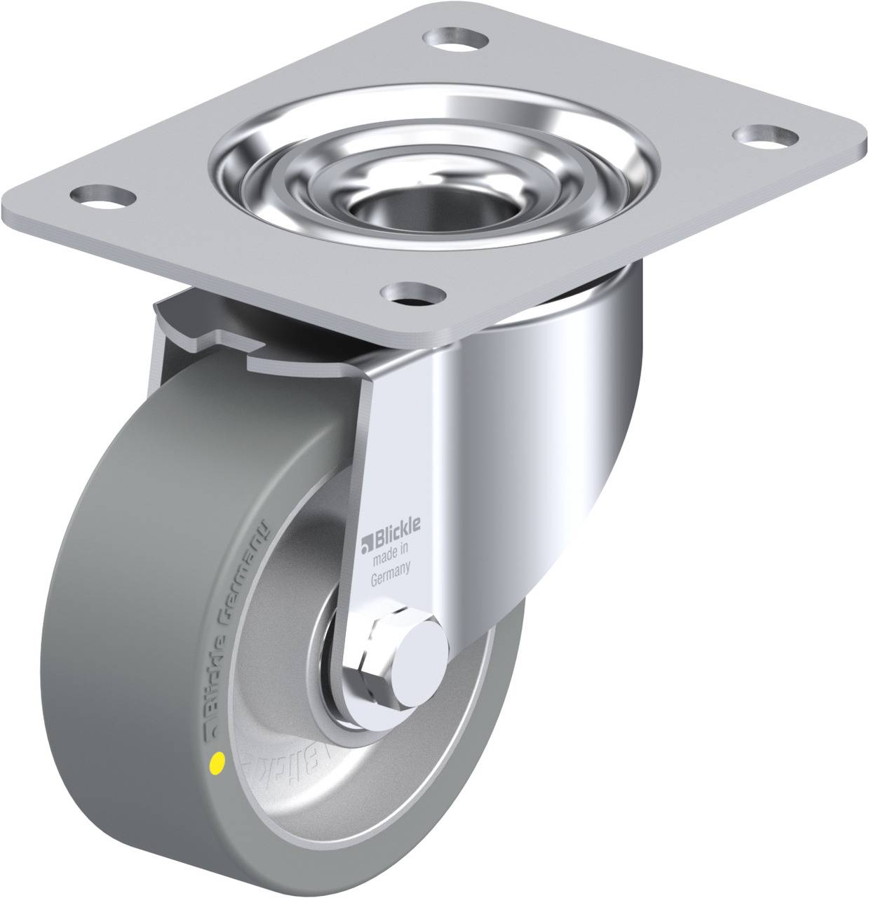 Metall-Drehrolle mit grauem Rad und glatter Oberfläche, geeignet für industrielle Anwendungen. Markenname auf der Seite des Rades.