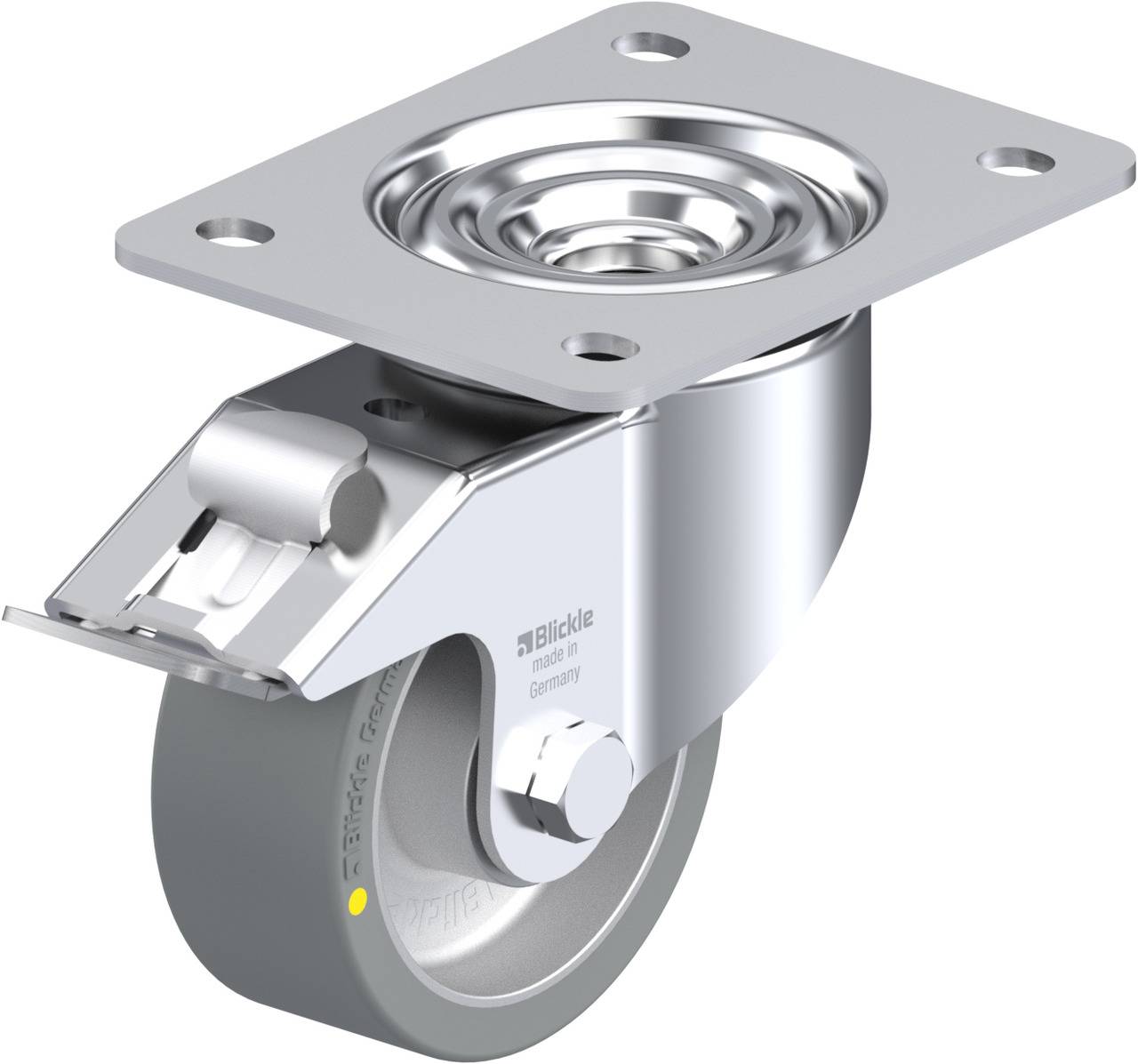 Schwenkrolle aus Metall mit grauer Gummilauffläche und Befestigungsplatte; geeignet für Möbel oder Transportgeräte.