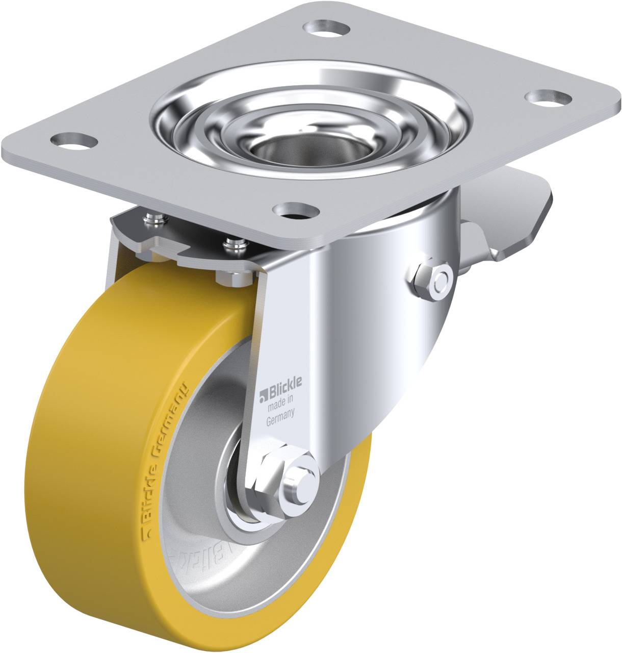 Eine drehbare Rolle mit gelbem Rad und silbernem Metallgehäuse. Sie besitzt eine Montageplatte zur Befestigung an Möbeln oder Vorrichtungen.