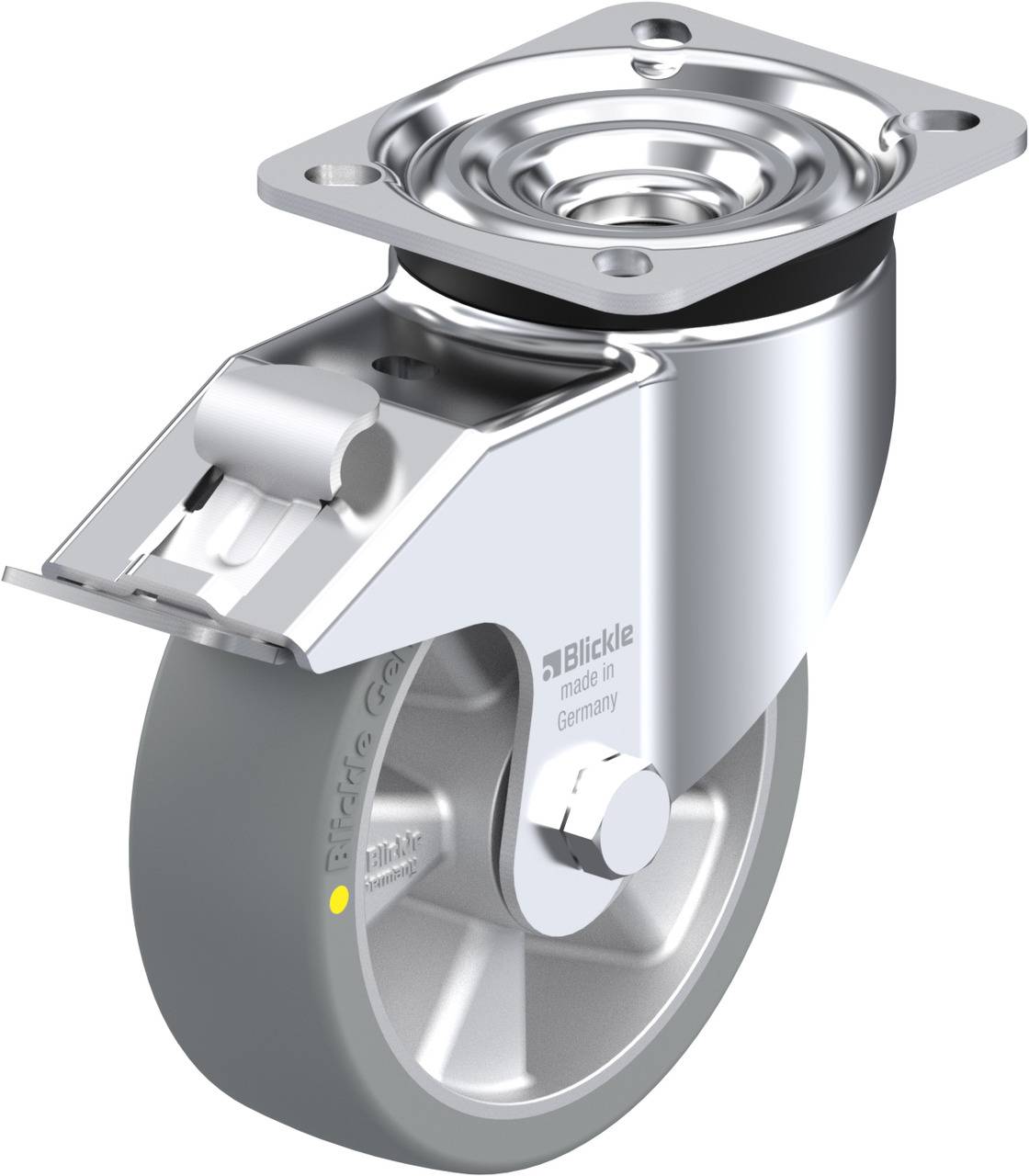 Metallrolle mit Gummirad und Montageplatte, geeignet für industrielle Transportgeräte und Möbel, glänzende Oberfläche.