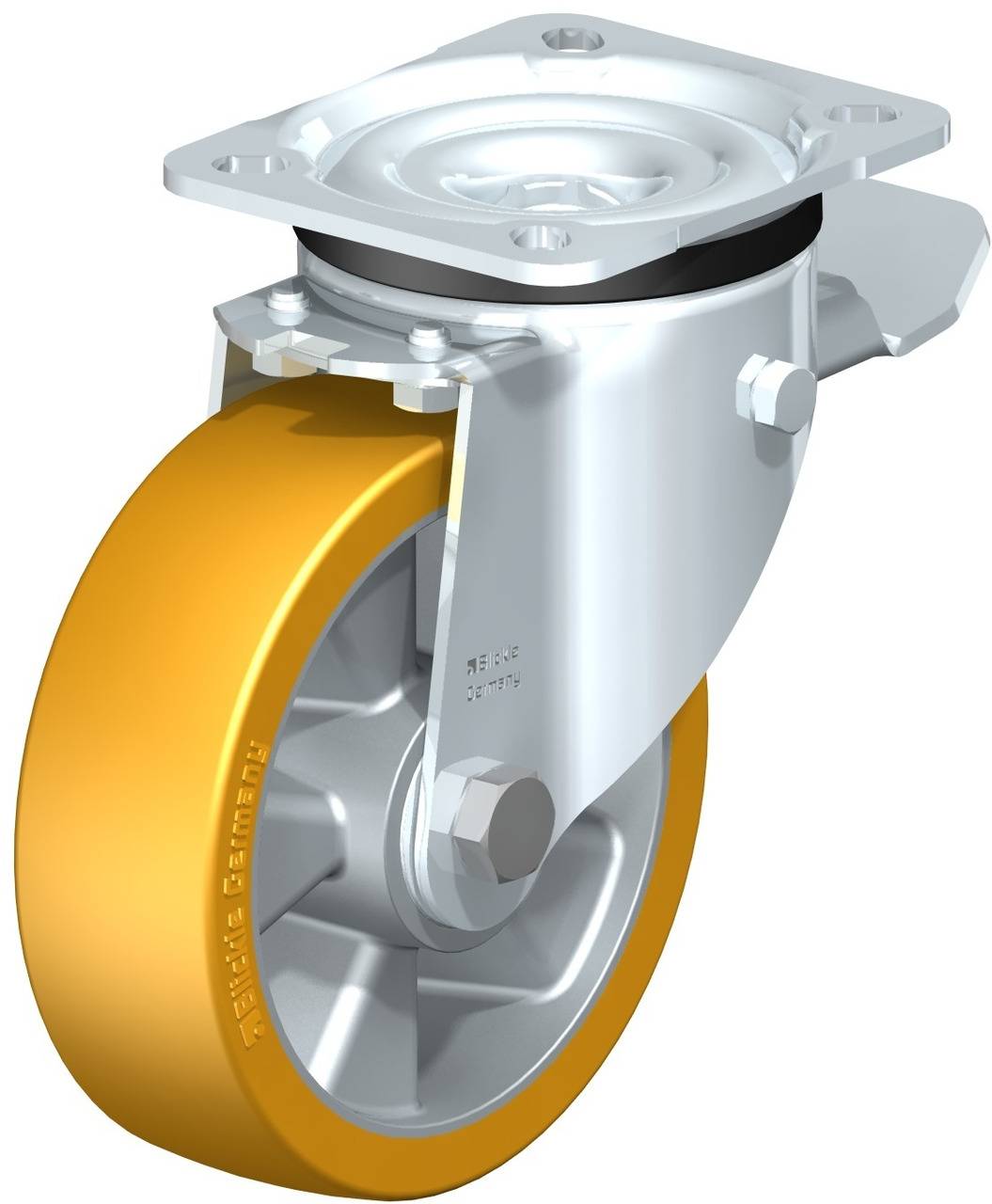 Schwenkrolle mit gelbem Rad und Metallhalterung, seitliche Ansicht. Geeignet für schwere Lasten, bietet Mobilität und Stabilität.