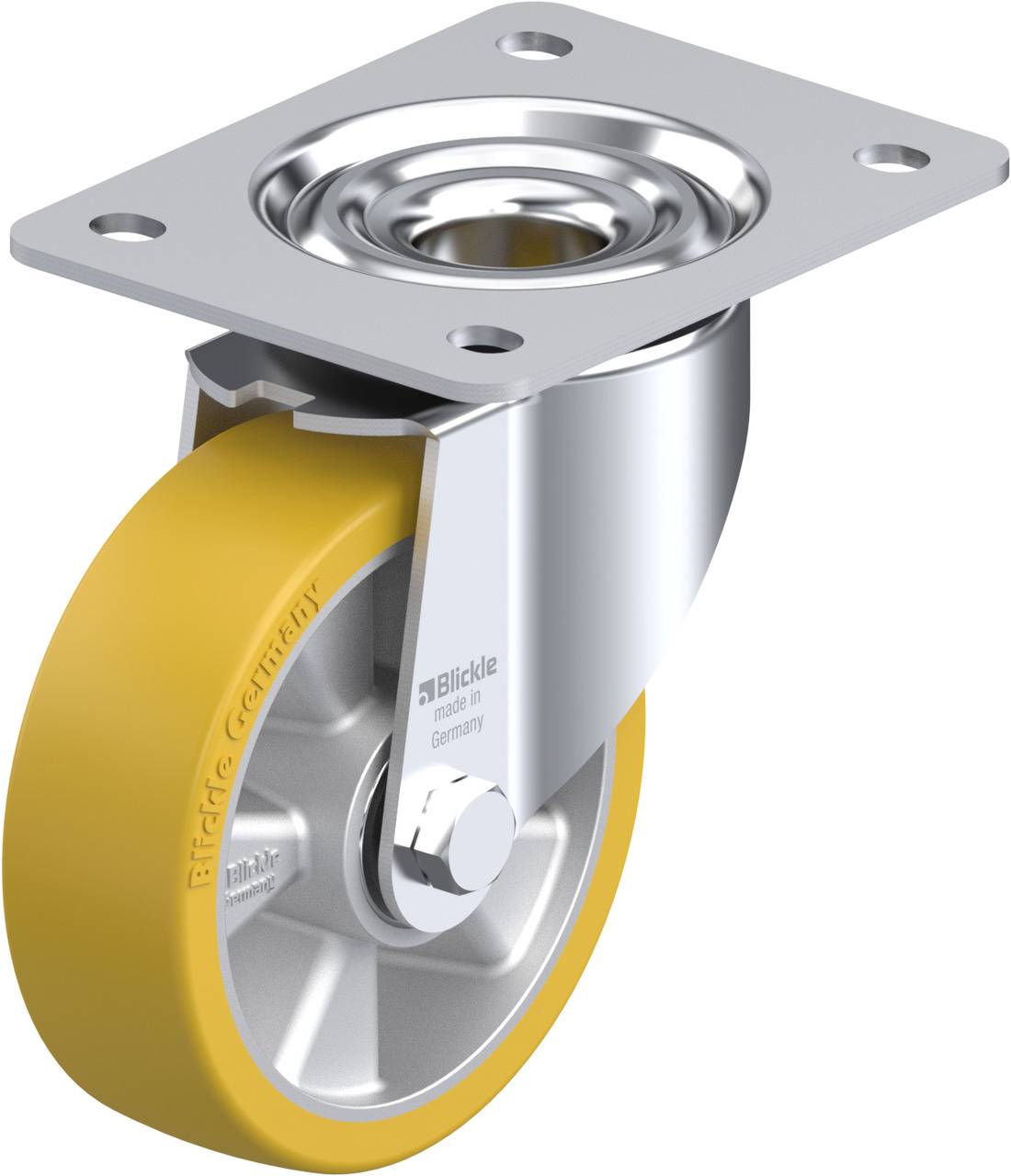 Ein gelbes Laufrollenrad mit silberner Halterung. Geeignet für Möbel oder Industrieausrüstung.