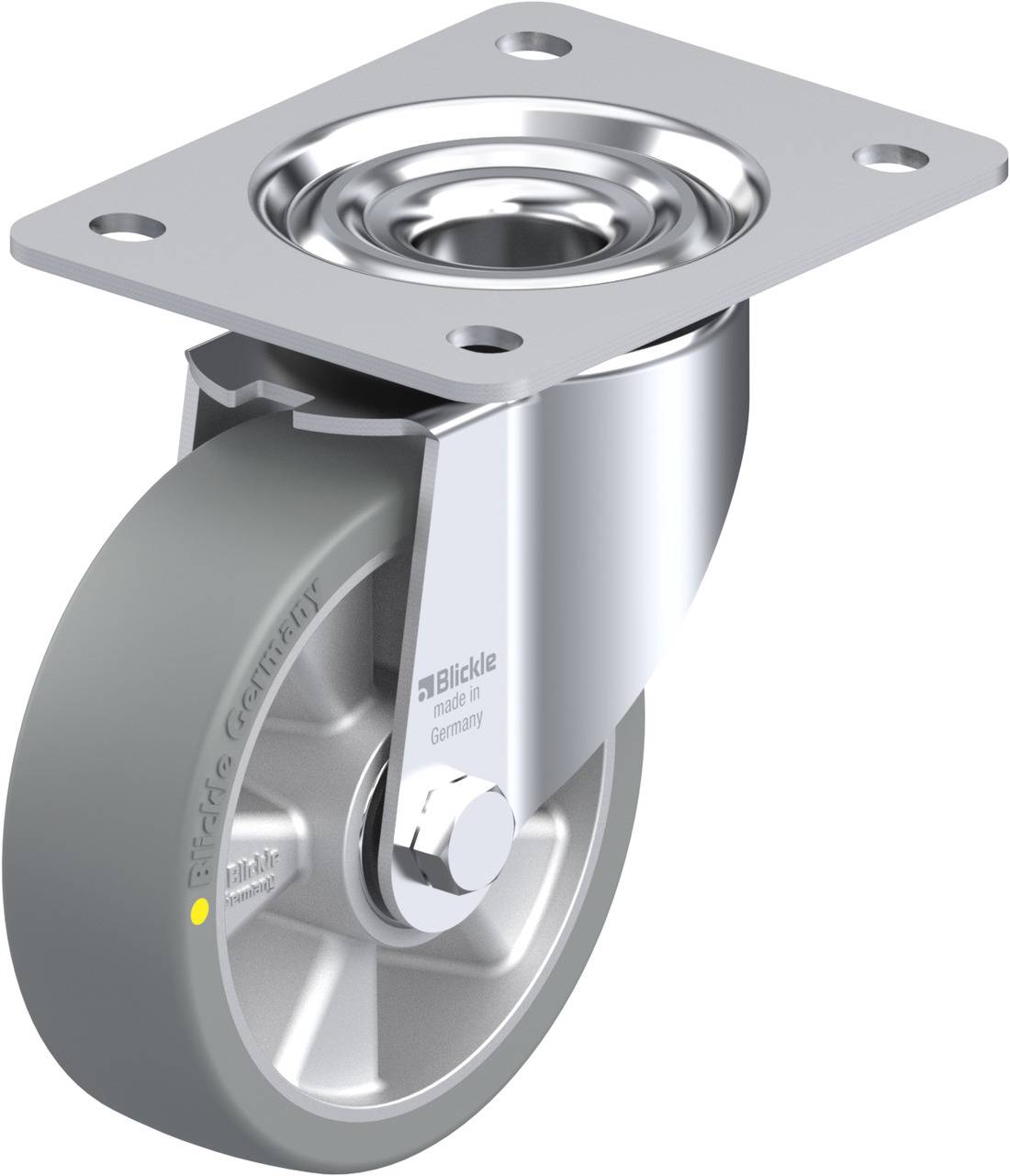 Rolle aus Metall und Kunststoff, geeignet für Möbel oder Transportmittel. Robustes Design, Drehmechanismus oben, graues Rad.