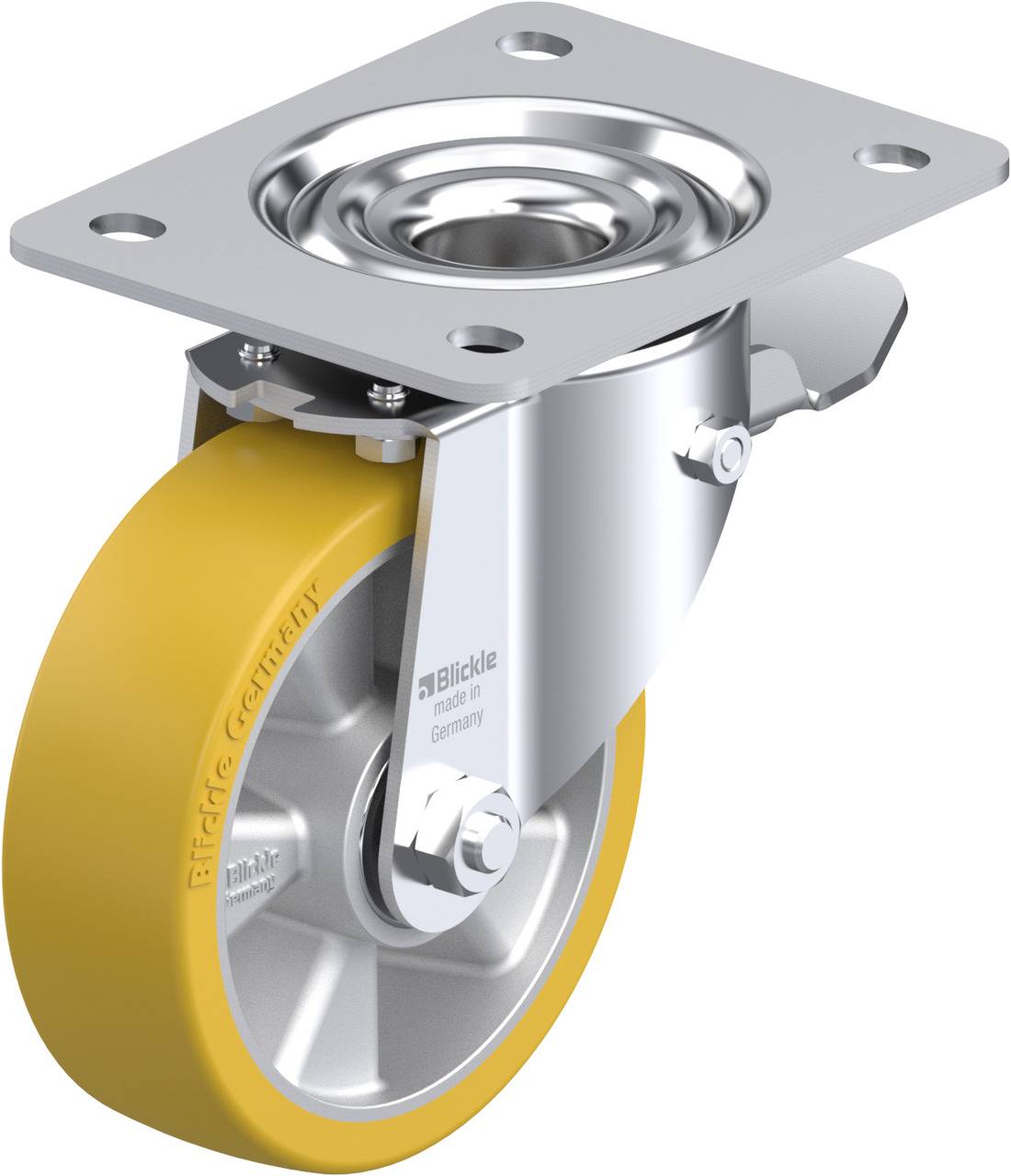 Metallrolle mit gelbem Rad und Befestigungsplatte, geeignet für Industrieanwendungen.
