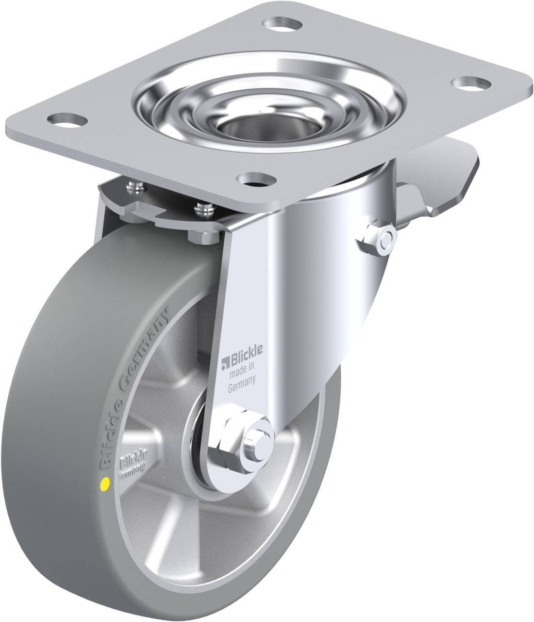 Metallrolle mit grauem Rad, Kugellager und rechteckiger Platte für Befestigung.